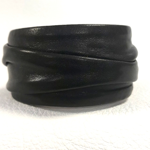 Black Leather Bangle Bracelet/ 90's/Handcrafted/ Statement Bracelet - Picture 5 of 16